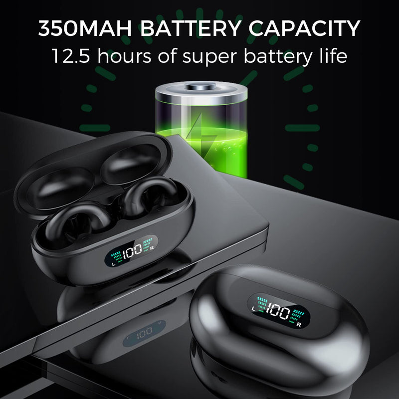 [Australia - AusPower] - Alpha Digital Wireless Ear Clip Bone Conduction Earbuds, Bluetooth 5.3, Up to 18 Hours Playtime, 350mAh Battery, Lightweight, Wireless Bluetooth Earbuds for Cycling, Sport, Running, Driving Black 