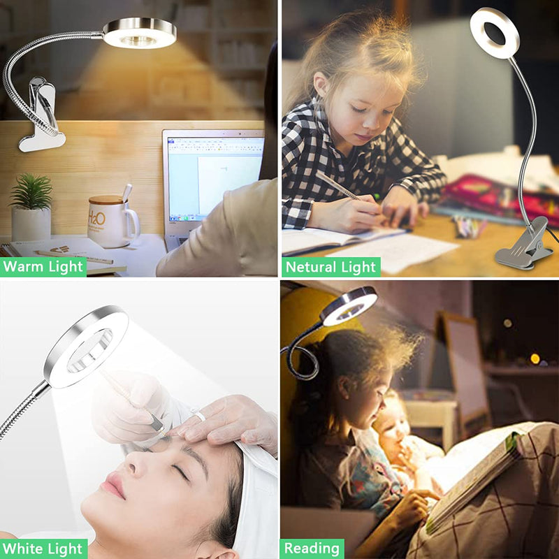 [Australia - AusPower] - DLLT Dimmable Clip on Reading Light, 48 LED USB Bed Night Lights with 3 Colors, 15 Brightness Level Book Light Flexible Clamp for Makeup Mirror, Desk, Bedside, Headboard, Piano, Computer Light(Silver) Silver 