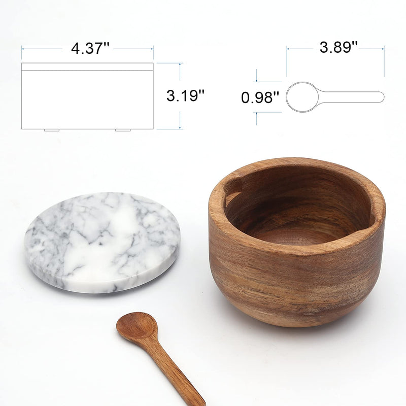 [Australia - AusPower] - KITCHENDAO Large Wood Salt Cellar Box with Built-in Spoon and Marble Lid, Solid Natural Acacia Base, Grey Marble Lid, Pepper Sealer Pinch Bowl, Mother's Day Gift for Mom Grandma, 10oz Capacity Gray 