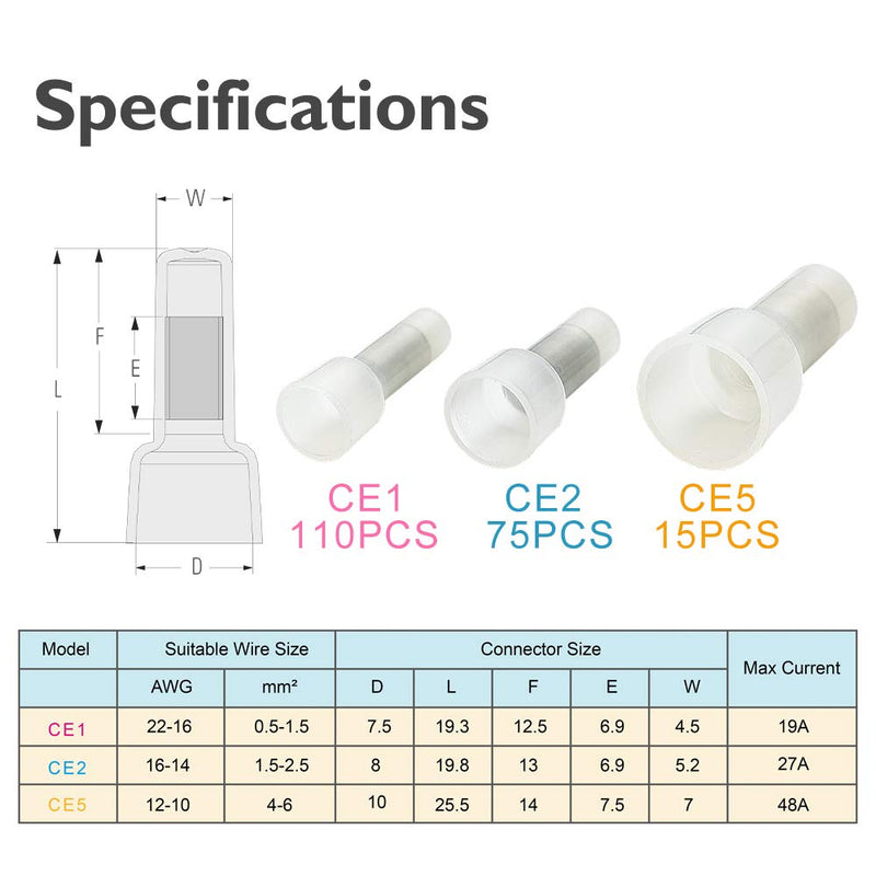 [Australia - AusPower] - AIRIC Closed End Crimp Connector 200pcs 22-10AWG Copper Core and Nylon Wire Connectors Crimp Cap Wire Terminals,(CE1,CE2,CE5 KIT) 10-22 AWG(CE1,2,5) 200 