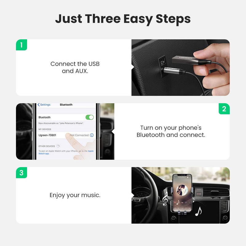 [Australia - AusPower] - UGREEN Aux to Bluetooth 5.0 Adapter 3.5mm Bluetooth Receiver for Car USB 2.0 to 3.5mm Jack Kit with Built-in Microphone Aux Input for Hands-Free Calls Compatible with Car Speaker and Home Audio 