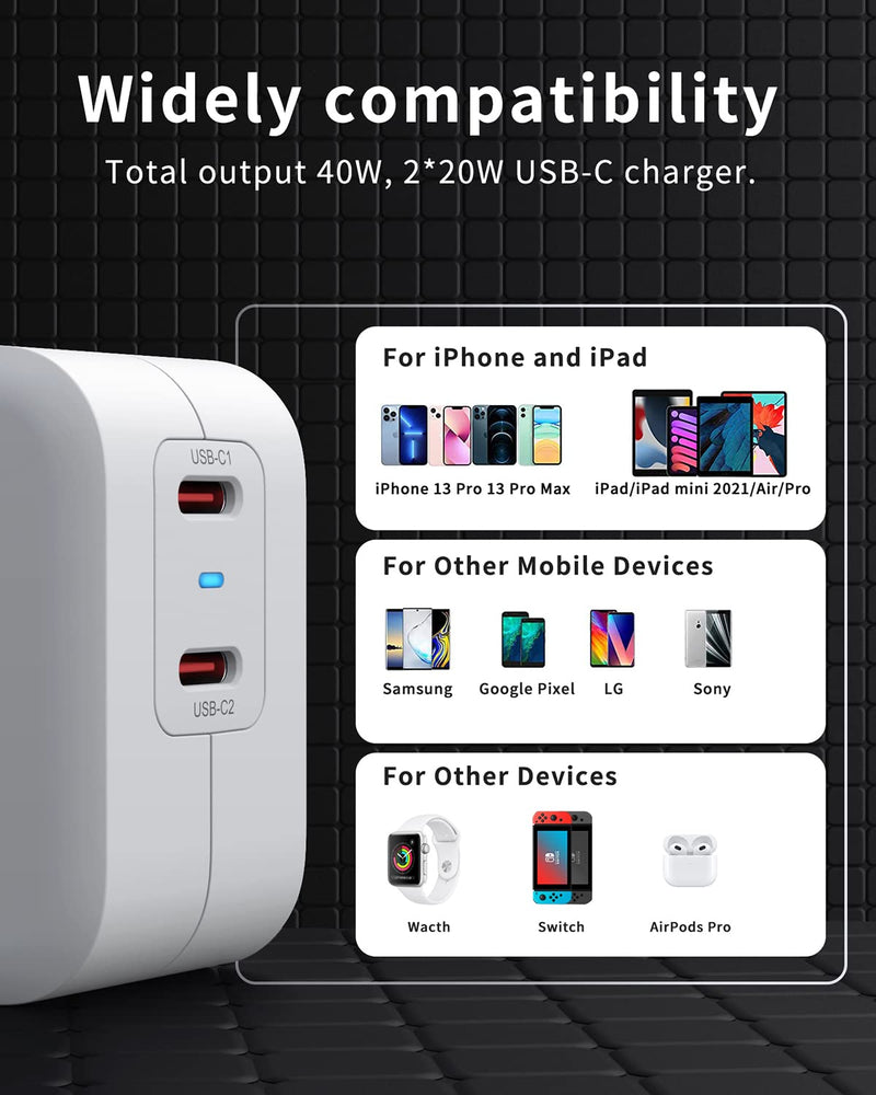 [Australia - AusPower] - USB C Charger 40W,2-Port Fast Charger Block, Dual USB C Charger with Foldable Plug for iPhone 13/13 Mini/13 Pro/13 Pro Max/12/11, AirPods Pro/2/3,iPad Pro,Samsung Galaxy, Pixel, iPad/iPad Mini 