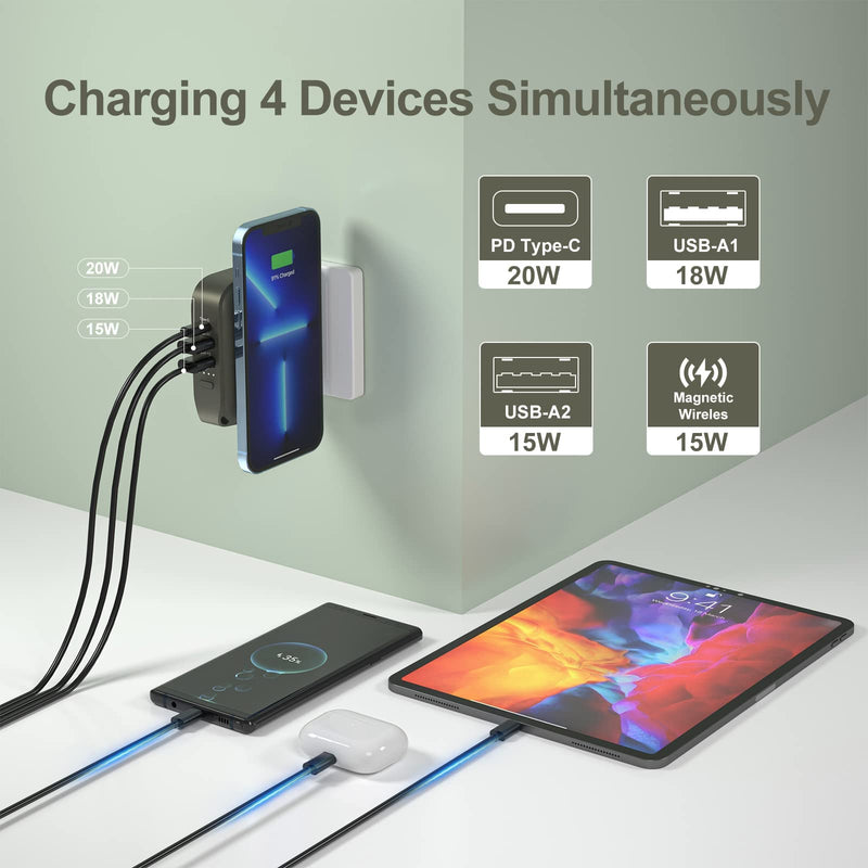 [Australia - AusPower] - MYao Magnetic Wireless Power Bank, 15W Wireless Portable Phone Charger 10000mAh, 4 Output PD 20W, QC 18W Cell Phone Battery Pack Built in Wall Charger for iPhone, iPad, Samsung, Pixel and More, Green Army Green 