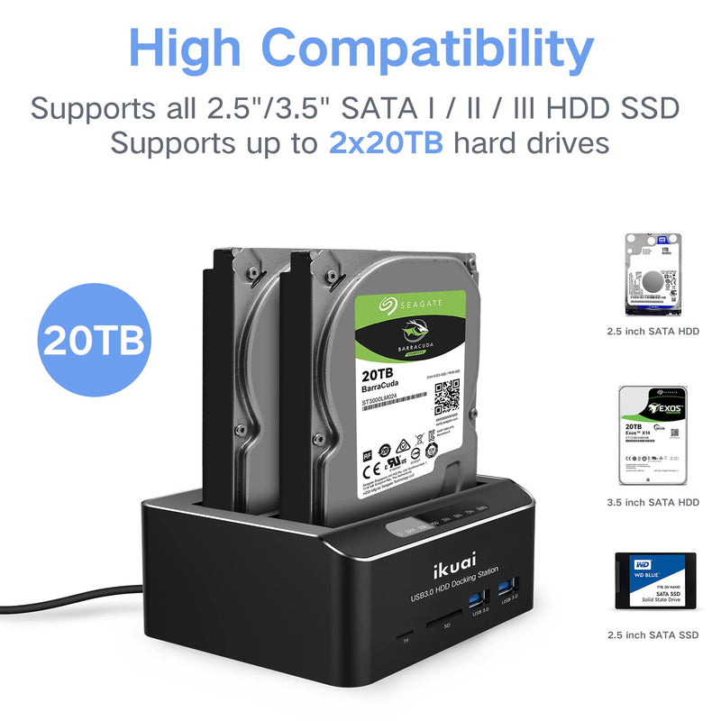 [Australia - AusPower] - ikuai SATA to USB 3.0 Dual Bay Hard Drive Dock for 2.5" and 3.5" SATA HDD SSD with SD TF Card Reader 2 USB 3.0 Ports and Offline Clone Function External Hard Drive Docking Station (UASP Supported) 