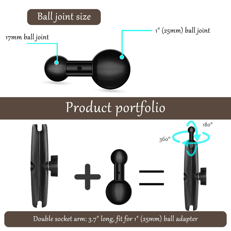 [Australia - AusPower] - 25mm / 1 inch to 17mm Ball Adapter for RAM Mounts B Size Double Socket Arm, Garmin 17mm Swivel Ball Mounting Pattern GPS Mount (Double Socket Arm: Long 5.9") 