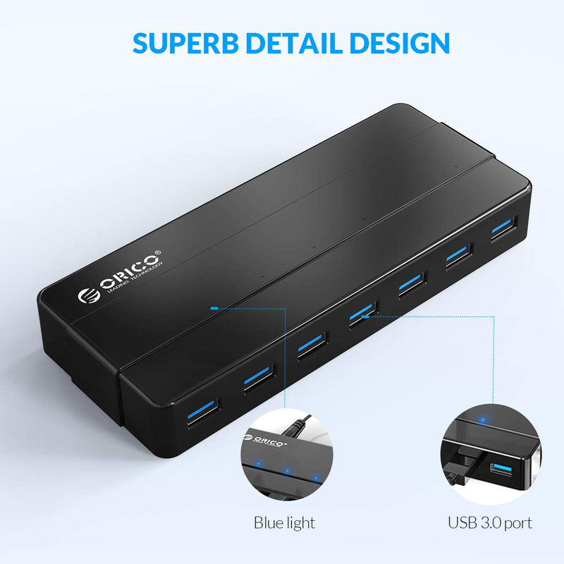 [Australia - AusPower] - Powered 7-Port USB 3.0 Hub, ORICO USB Data Hub with 12V Power Adapter, Multi USB 3.0 Splitter with 3.3 Ft Long USB Cable for PC, Laptop, Keyboard, Mouse, HDDs and More-Black 7 Port USB Hub 