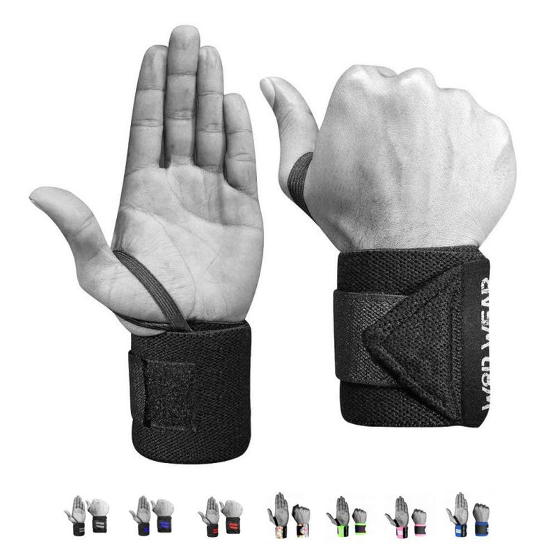 [Australia - AusPower] - WOD Wear Elastic Wrist Wraps for Powerlifting, Strength Training, Bodybuilding, Cross Training, Olympic Weightlifting, Yoga Support - One Size Fits All - 100% Black 