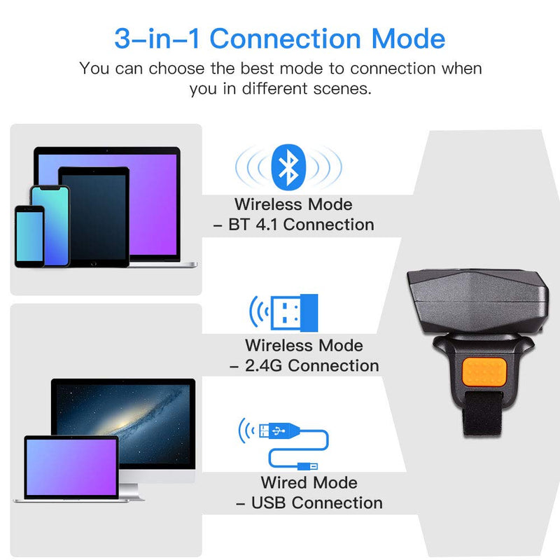 [Australia - AusPower] - Eyoyo 2D Finger Ring Barcode Scanner, Mini Wearable 3-in-1 USB Wired & 2.4G Wireless & Bluetooth Scanner, Image 1D QR Bar Code Reader PDF417 Data Matrix Screen Scan for iPad, Smartphone, PC 