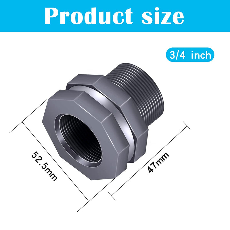 [Australia - AusPower] - Tnuocke 2PCS PVC Bulkhead Fitting 3/4 Inch,Water Tank Connector Adapter,Thru-Bulk Pipe Fitting for Rain Barrels, Aquariums,Water Tanks,Pools(Grey)H-007-2 2Pcs 3/4inch 