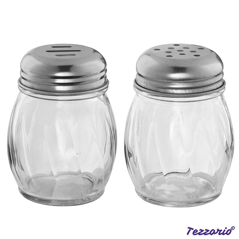 [Australia - AusPower] - (Set of 2) 6-Ounces Glass Cheese and Spice Shakers with Stainless Steel Perforated and Slotted Caps, Swirl Retro Style Jar Dispensers/Shakers 