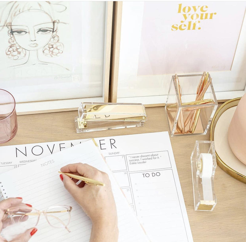 [Australia - AusPower] - Acrylic Gold Tape Dispenser Gold Desktop Stapler, Acrylic Office Supplies Includes Tape, 1000pcs Staples Desk Accessory Kit, Chic Office Stapler Tape Dispenser for Modern Design Office Desktop 