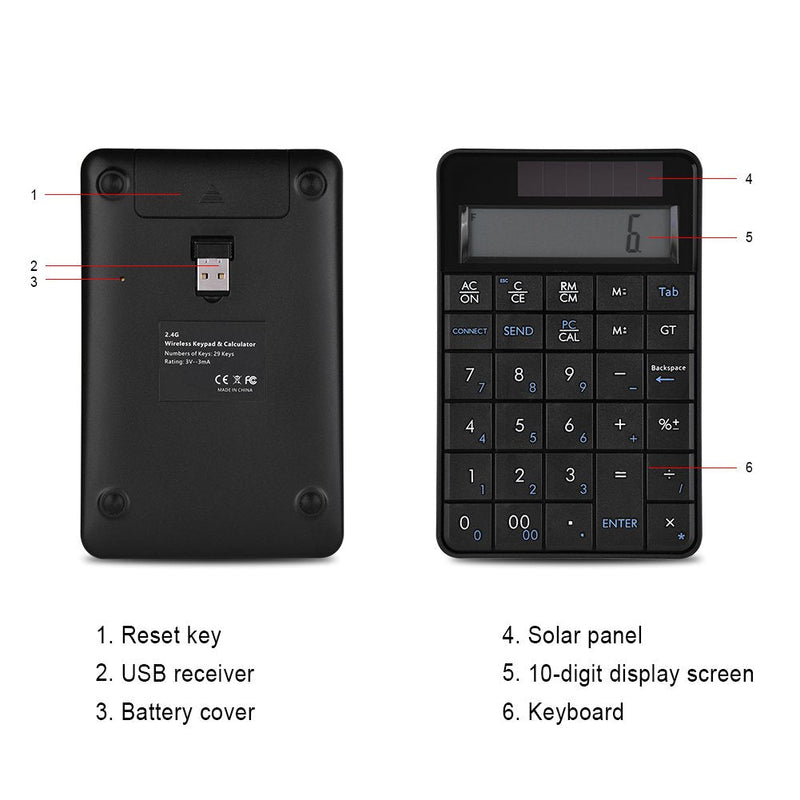 [Australia - AusPower] - Compact USB keypad with Display Calculator Function, 29 Keys Portable Wireless Number Pad Mini Solar Power Smart Keypad & Office Calculators with LCD Display for Laptop PC Desktop 