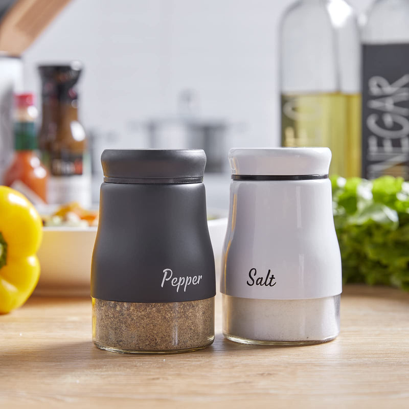 [Australia - AusPower] - Farmhouse Salt and Pepper Shakers Set, Bivvclaz 5 Ounce Stainless Steel Salt and Pepper Dispenser with Glass Bottom, Cute Salt and Pepper Shakers for Farmhouse Modern Home Kitchen Decor, Easy Filling Black&White 