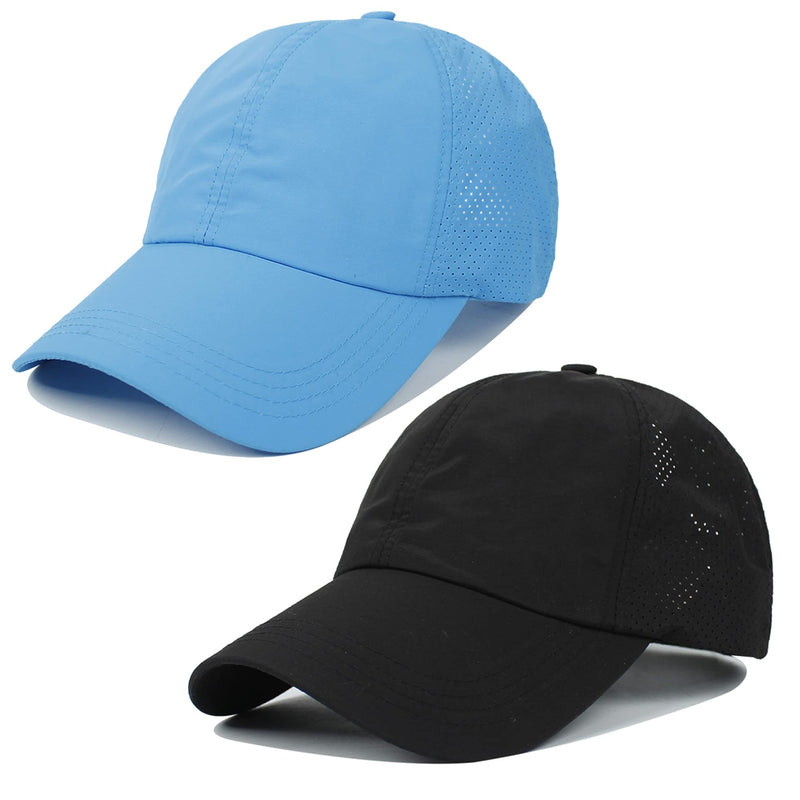 [Australia - AusPower] - Muryobao 2 Packs Womens Criss Cross Ponytail Baseball Cap High Messy Bun Ponycap Quick Drying Mesh Outdoor Sports Travel Hat Black & Blue 