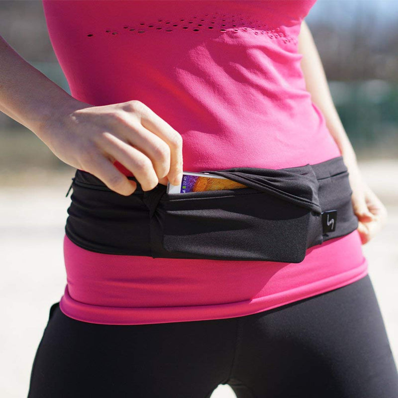 [Australia - AusPower] - Sprigs 3 Pocket Adjustable Running Belt Waist Pack, Fanny Pack for Working Out with Sweat Resistant Backing, Holds All iPhone Models Black/Black Large/XL 