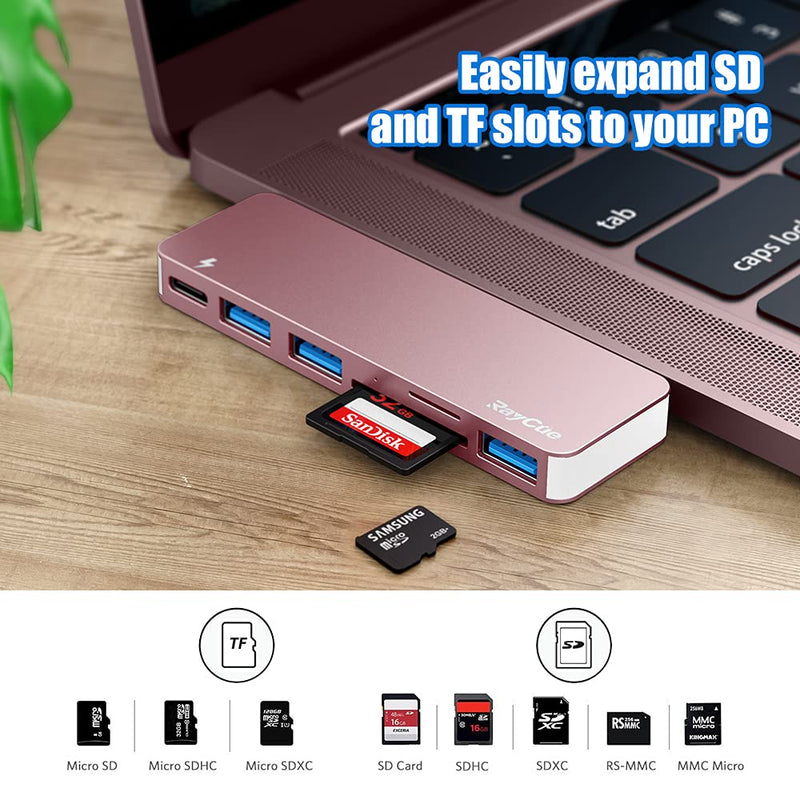 [Australia - AusPower] - USB C Hub Adapter for MacBook Pro/Air 2020 2019 2018, 6 in 1 USB-C Accessories Compatible with MacBook Pro 13″ and 15″ with 3 USB 3.0 Ports, TF/SD Card Reader, USB-C Power Delivery (Pink) Pink 