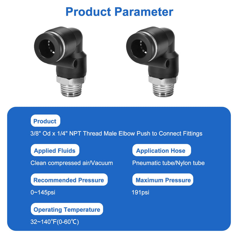 [Australia - AusPower] - CNAODUN 10 Pcs Push-to-Connect Fittings 3/8 Inch Tube OD x 1/4 Inch NPT Thread Pneumatic Male Elbow Quick Connect Air line fittings… 3/8"OD x 1/4"NPT 