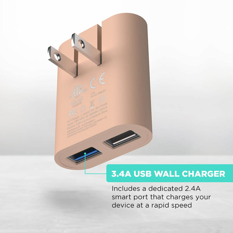 [Australia - AusPower] - iHome AC Pro 3.4 Amp 2-Port USB Wall Charger, Flat Foldable Plug for iPhone 12/12 Pro/12 Pro Max/ 11/11 Pro/11 Pro Max/Xs,/Xs Max/XR/X/8/Airpods, iPad, Samsung Galaxy Android & More, Pastel Pink 2 Port Rapid Charge 
