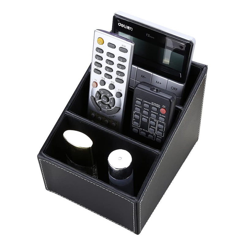[Australia - AusPower] - KINGFOM Remote Control Holder with 3 Compartments Pu Leather Remote Caddy Desktop Organizer Store Brush, Pencil, TV Guide, DVD, CD, Blu-Ray, Media Player, Heater Controllers(Black) Black 