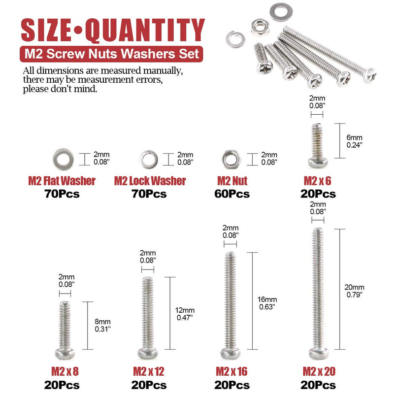 [Australia - AusPower] - Hilitchi 300-Piece M2 Phillips Pan Head Screws Bolt Nut Lock Flat Washers Assortment Kit, 304 Stainless Steel 