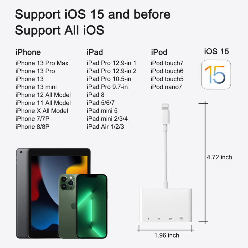 [Australia - AusPower] - SD Card Reader for iPhone/iPad,SD TF Reader for iPhone/iPad,4 in 1 USB OTG Camera Connection Kits with SD TF Card Reader and Charge Adapter Compatible iPhone/iPad,Support iOS 15. 4 in 1 USB Adapter 