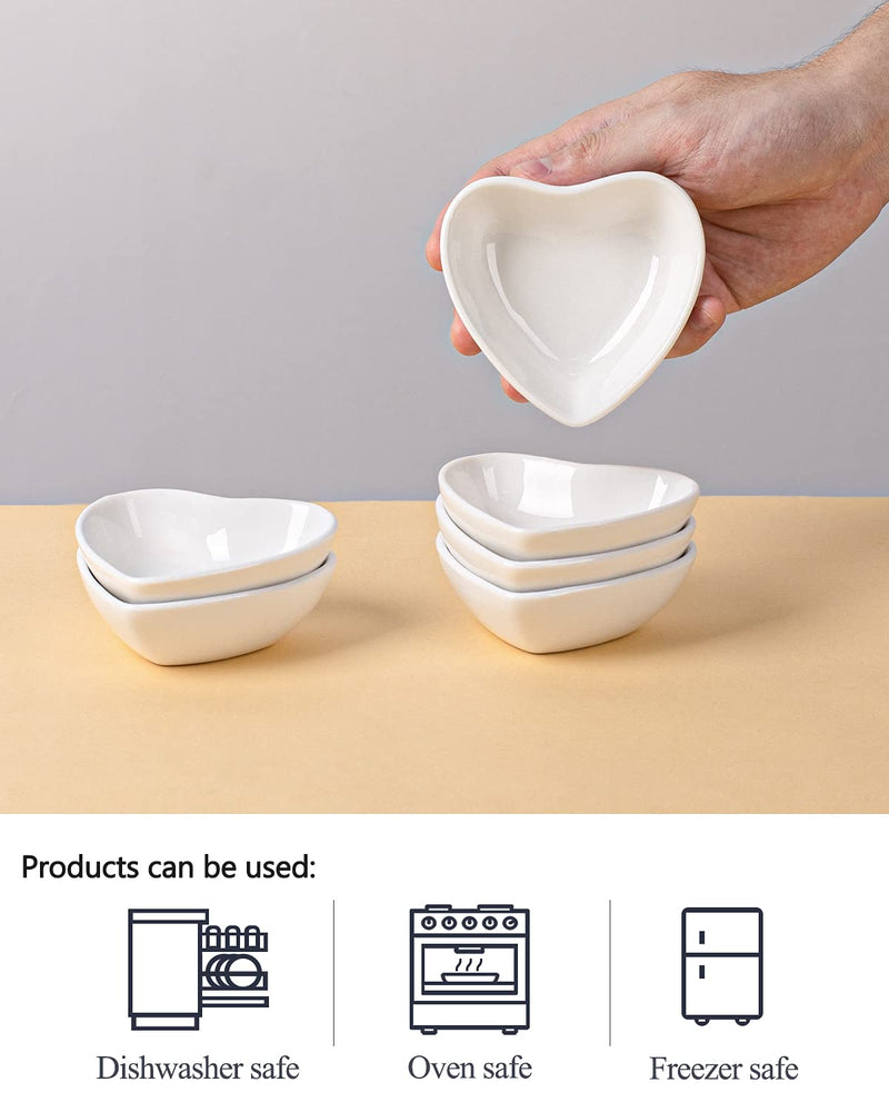 [Australia - AusPower] - Delling Mini Soy Sauce Dish, Heart Shaped Porcelain Small Dipping Bowls Set, Dipping Sauce Dish for Seasonings, Sushi, Appetizers and Best Choice for Mother's Day Gifts-2 Oz, White, Set of 6 