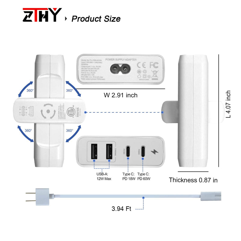 [Australia - AusPower] - New USB-C Wall Charger, ZTHY 4-Port Charger Station with 60W &18W USB-C PD Power Delivery Adapter and Dual USB-A Ports-12W for iPhone MacBook iPad Pro AirPods Switch Samsung Pixel Phone Tablet Laptop 