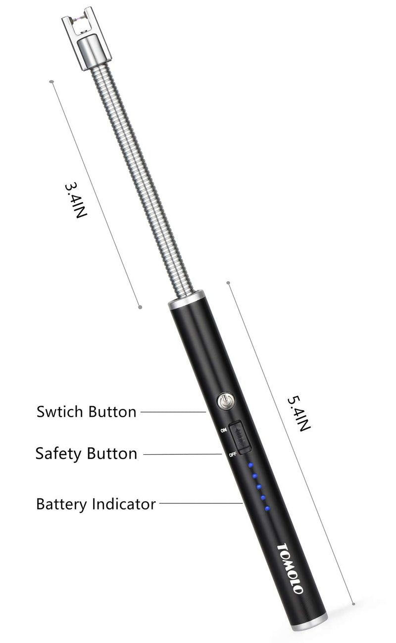 [Australia - AusPower] - TOMOLO Lighter, Rechargeable Candle Lighter Grill Lighter Electric Arc Lighter with Flexible Neck, LED Battery Display Safety Switch for Candle Camping Cooking BBQs Fireworks (Black&Silver, Pack of 2) 