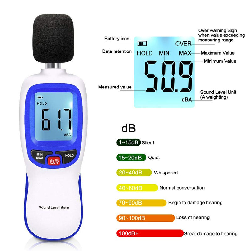 [Australia - AusPower] - Decibel Sound Meter, Hand-Held Sound Level Meter 30dB to 13dB(A), Noise Meter Monitor with Backlight Alert, Noise Level Meter Tool for Home Office Job-site White 