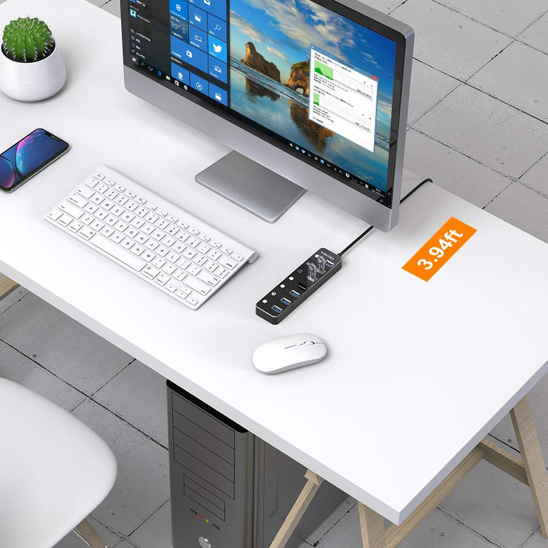 [Australia - AusPower] - USB Hub,VKUSRA 7 Port USB Hub 3.0 with 4ft USB Extension Cable Multiple Port,Individual USB On/Off Switch and LED Indicator,USB Splitter for Laptop,Mac,Xbox,Printer, Flash Drive USB HUB 7 PORTS 