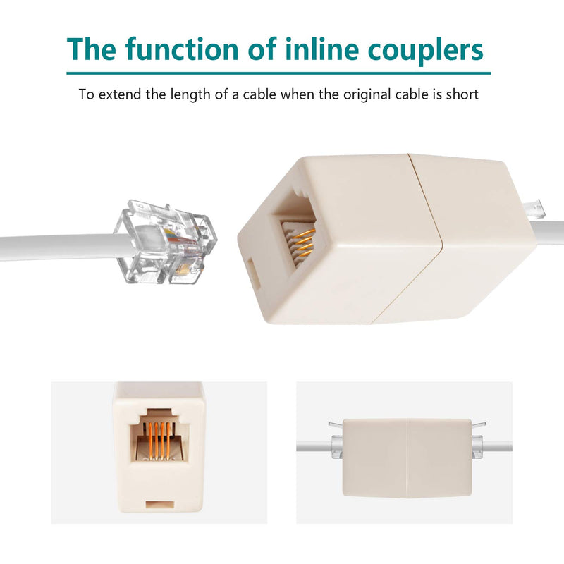 [Australia - AusPower] - Phone Extension Cord 25 Ft, Telephone Cable with Standard RJ11 Plug and 1 in-Line Couplers and 20 Cable Clip Holders, White 
