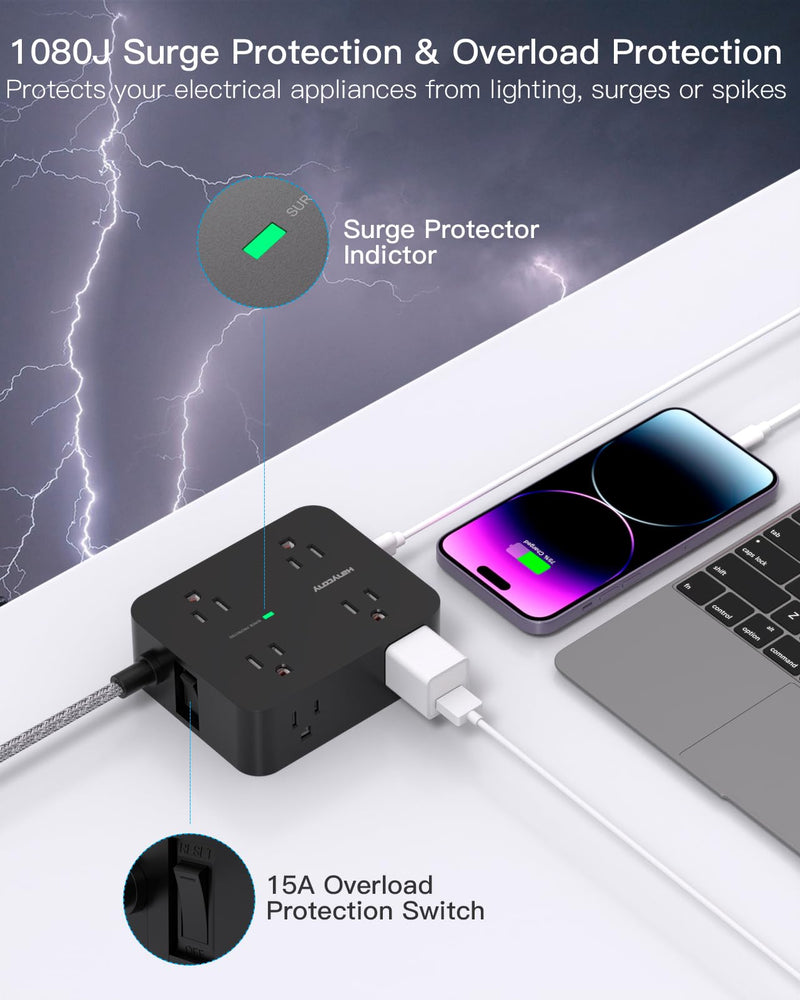 [Australia - AusPower] - Power Strip Surge Protector 10 Ft Cord, Extension Cord Flat Plug with 8 Outlets 4 USB Ports(2 USB C), Wall Mount, Desk Charging Sation for Home Offcie 10Ft Black 
