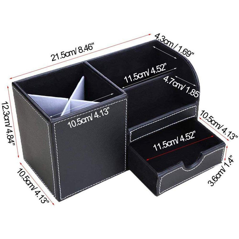 [Australia - AusPower] - KINGFOM Wooden Struction Leather Multi-function Desk Stationery Organizer Storage Box Pen/Pencil,Cell phone, Business Name Cards Remote Control Holder with Small Drawer Black 