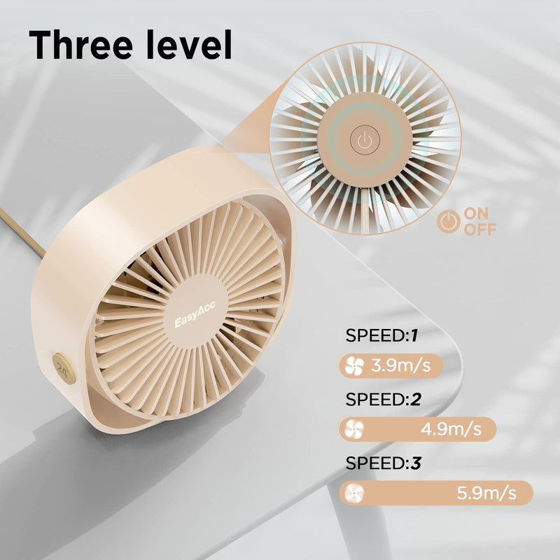 [Australia - AusPower] - EasyAcc USB Desk Fan, 3 Speeds USB Fan [Lower Noise USB Powered ONLY&Powerful Desk Fan] USB Portable Powered Fan, 360°Rotatable Personal Desktop Table Fan Travel Fan for Desk Home Bedroom Office Champagne 