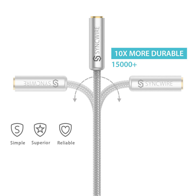 [Australia - AusPower] - Headphone Splitter, Syncwire Nylon-Braided 3.5mm Extension Cable Audio Stereo Y Splitter (Hi-Fi Sound), 3.5mm Male to 2 Ports 3.5mm Female Headset Splitter for Apple, Samsung & More - Silver 