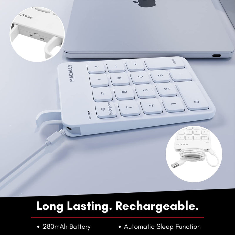 [Australia - AusPower] - Macally Bluetooth Number Pad for Laptop, Apple, Mac, iMac, MacBook Pro/Air, Ipad, Windows PC, Tablet, or Desktop Computer - Rechargeable 18 Key Wireless Numeric Keypad - White Bluetooth 10 Key Numpad 