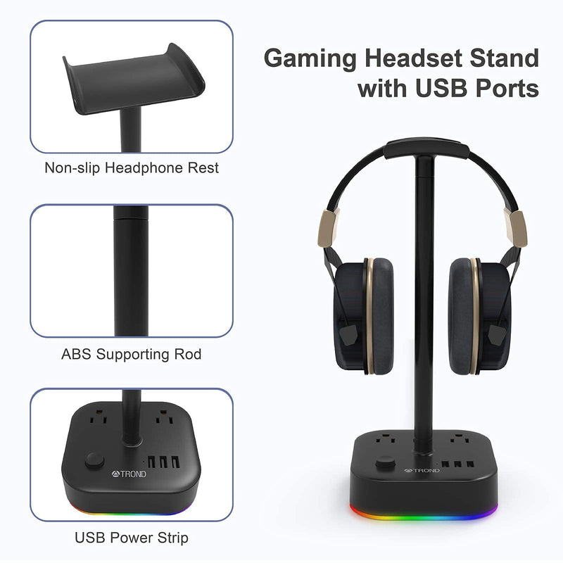 [Australia - AusPower] - TROND Headset Holder Headphone Stand with USB Charger & Power Strip 2 in 1, RGB Earphone Hanger Accessories 3 USB Charging Port, 3 AC Outlet for Desk Gaming, Desktop, DJ (Black) 