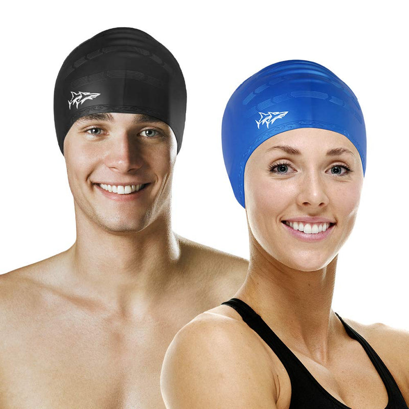 [Australia - AusPower] - Swim Cap for Long Hair 2 Pack Thicker Design Solid Silicone Waterproof Swimming Caps for Woman Adults and Men Black+Blue 