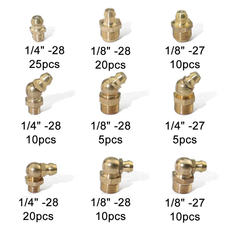 [Australia - AusPower] - Boeray 115pcs 1/4” 1/8” Hydraulic Grease Brass Zerk Fitting SAE Standard Assortment Kit-Straight, 90-Degree, 45-Degree Angled Zerk Assortment Set 115pcs SAE 