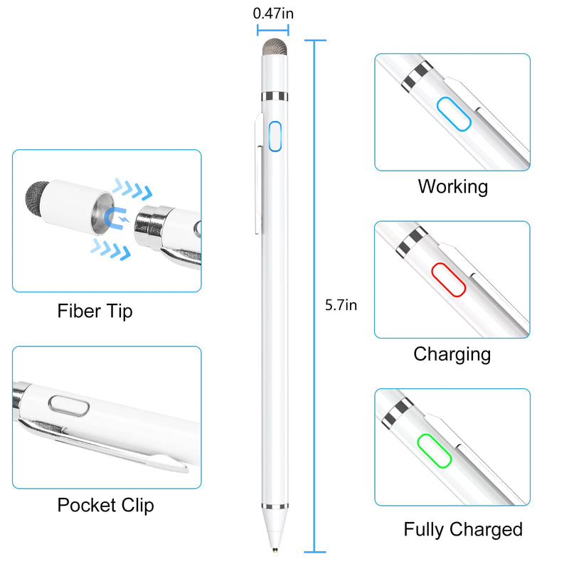 [Australia - AusPower] - Stylus Pens for Touch Screens, Fine Point Rechargeable Active Stylus Pencil Digital Pens Compatible with iPhone iPad HP DELL Tablet Chromebook Kindle Fire (White) White 