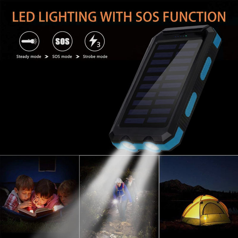 [Australia - AusPower] - Solar Charger 20000mAh Portable Solar Power Bank Waterproof External Battery USB Charger Built in LED Light with Dual 2 USB Port/LED Flashlights for All Smartphone, Android Cellphones 