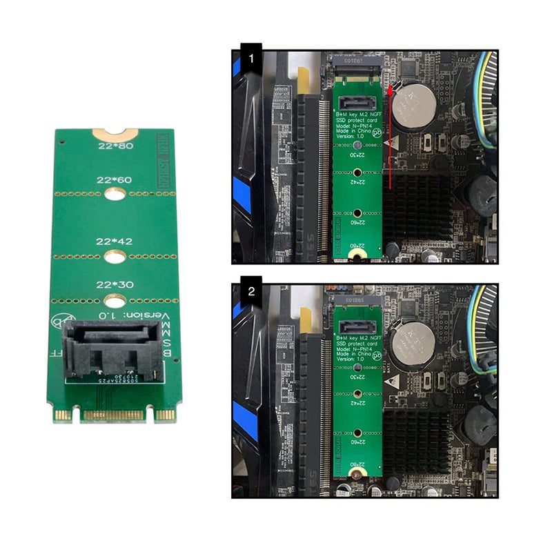 [Australia - AusPower] - NFHK Motherboard NGFF B/M-Key M.2 to Vertical SATA 7pin Hard Disk Drive SSD PCBA Extension Adapter Green B/M-key to 1 SATA 
