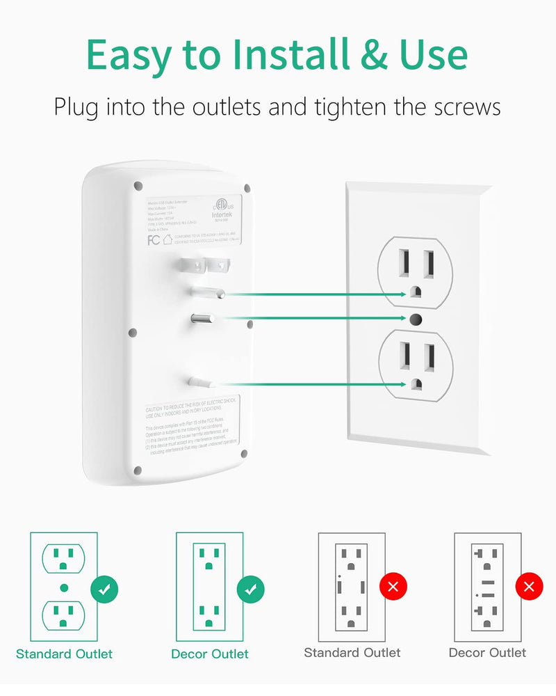 [Australia - AusPower] - Wall Outlet Extender Surge Protector, Mscien 6 AC Multi Plug Outlet Wall Adapter with 3 USB(3.4A Total), Wall Mount Power Strip Outlet Splitter for Home Dorm Office Travel, 1800 Joules, ETL Listed 
