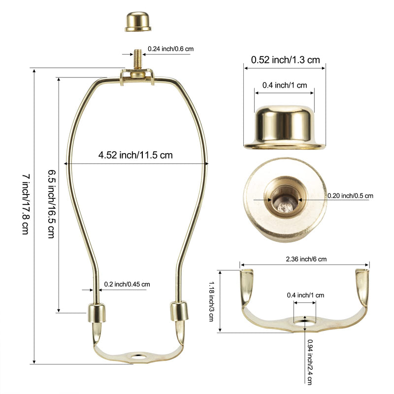 [Australia - AusPower] - 7 Inch Brass Lamp Harp Holder Kits with Finials and Detachable Light Duty Saddle Bases, Saangseon Set of 2 DIY Lighting Accessories Horn Frame Lamp shade Brackets Polished Brass 7 Inch 
