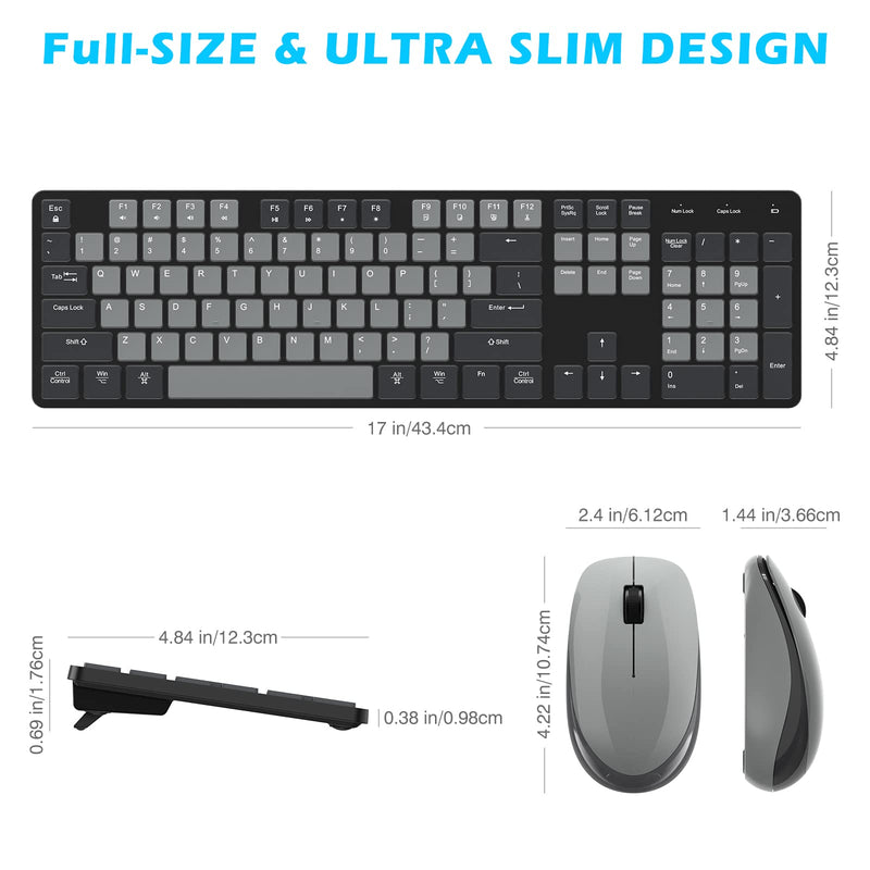 [Australia - AusPower] - POWZAN Wireless Keyboard and Mouse, Ultra Slim Compact Full Size Wireless Keyboard and Mouse Combo 2.4G Ultra-Thin Sleek Design for Windows, Mac, Computer, Desktop, PC, Notebook - (Black Gray) Black Grey 