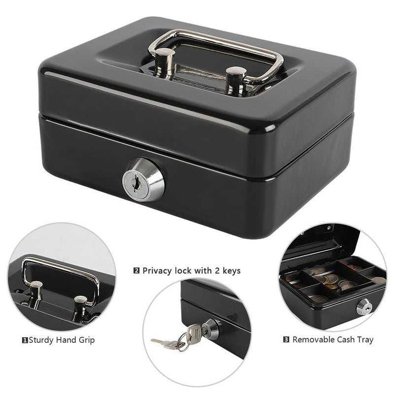 [Australia - AusPower] - Xydled Locking Steel Mini Cash Box with Removable Coin Tray and Key Lock,4.92" x 3.74" x 2.36",Black Black Small 