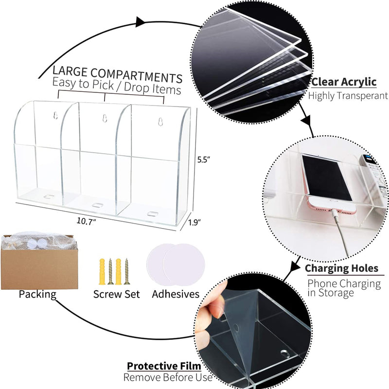 [Australia - AusPower] - Pansyling Large Acrylic 3-Slot Wall Mounted Smart Phone Charging Holder Station Clear Hanging TV Remote Control Holder Organizer Acrylic Wall Pocket Container Bedside Nightstand Clear Phone Charging Stand Caddy Media Organizer Box 3-Slot Phone Holder 