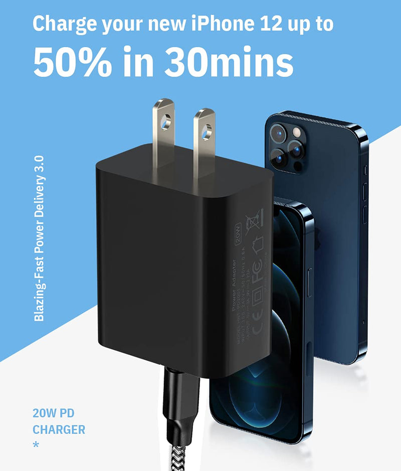 [Australia - AusPower] - Fast Charger iPhone,20W USB C Charger Power Wall Charger Plug with Apple MFi Certified 6FT Nylon Braided Charging Cable for iPhone 12/11/XS/XR/X/8/iPad/AirPods 