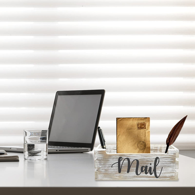 [Australia - AusPower] - Whitewashed Wood Tabletop Mail Holder Box, Desktop Mail Organizer, Farmhouse Mail Organizer Countertop, Mail Holder, Letter Holder, Mail Storage Box, Bill Coupon Organizer with Letter Script Design 