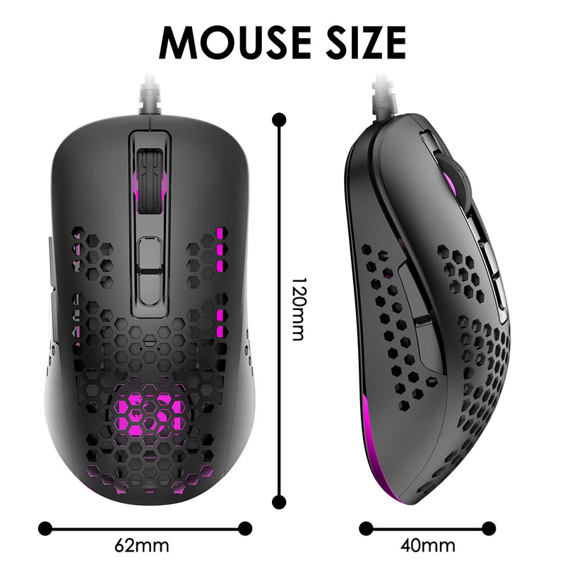 [Australia - AusPower] - Lightweight Gaming Mouse Wired,USB Optical Computer Mice with RGB Backlit,4 Adjustable DPI Up to 2400,Ergonomic Gamer Laptop PC Mouse with Honeycomb Shell for Windows 7/8/10/XP Vista Linux -Black Black 